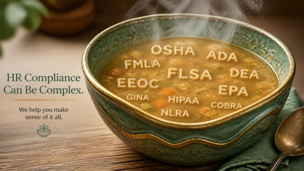 An artisan crafted bowl of steaming alphabet soup is pictured. The alphabet noodles spell out HR compliance acronyms including FLSA, EPA, and OSHA.